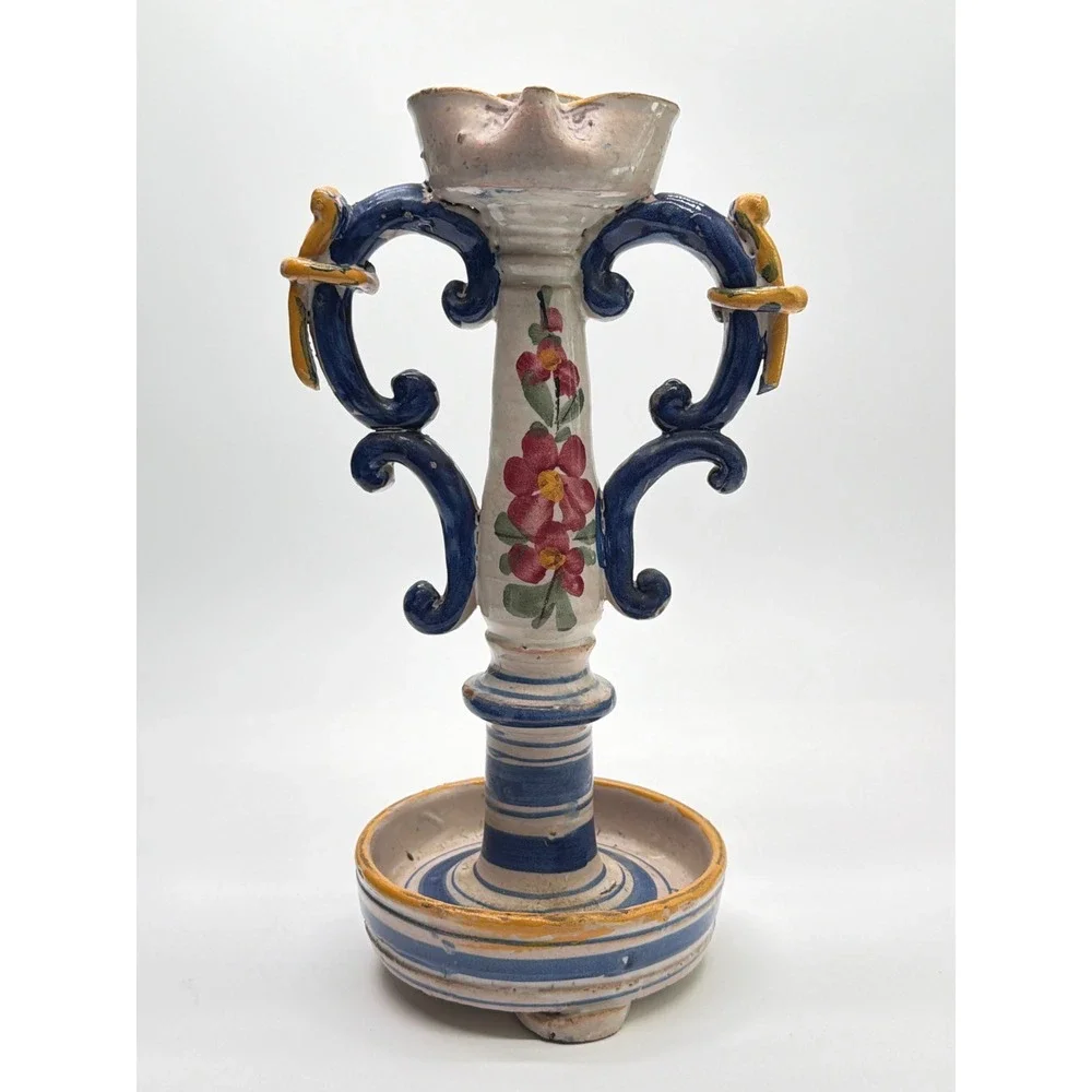 Vintage Italian Majolica Pottery Candlestick Hand Painted Floral Scroll 12.5